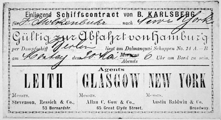 A German immigrant ship's contract & boarding card for New York, issued in Hamburg, 1881 (litho) from German School, (19th century)