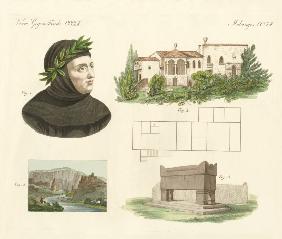 Petrarca, His flat in Arqua, His tomb together with a view of Vaucluse