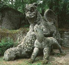 Dragon fighting a lion, sculpture from the Parco dei Mostri (monster park) gardens laid out between
