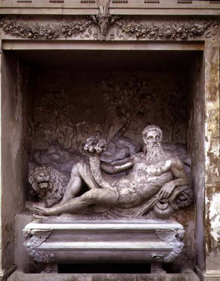The Nymphaeum, detail of a statue of a river god within a niche holding a cornucopia, designed from Giacomo Vignola and Bartolomeo Ammannati