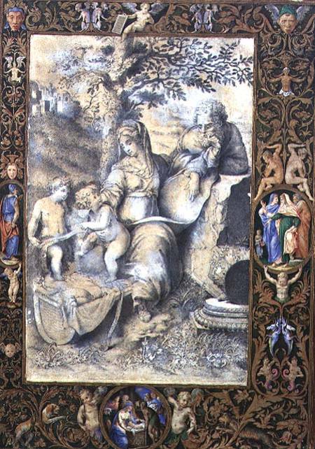 Border of an Illuminated Manuscript surrounding a drawing after Raphael's The Holy family under the from Giorgio Giulio Clovio