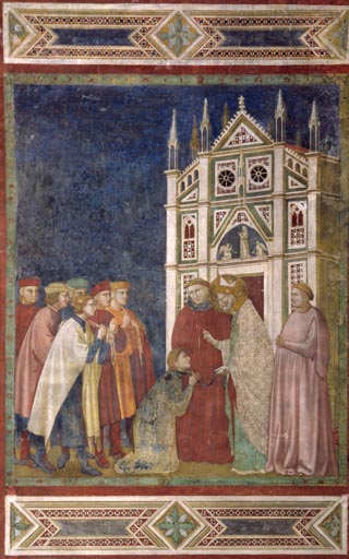 Der hl. Nikolaus nimmt die drei gestrandeten roemischen Ritter Nepotianus, Ursus und Apilio in Myra from Giotto (Schule)