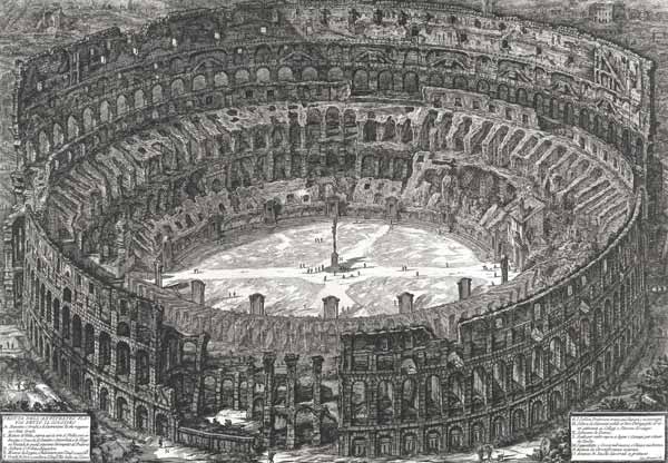 Aerial view of the Colosseum in Rome from 'Views of Rome', first published in 1756, printed Paris 18 from Giovanni Battista Piranesi