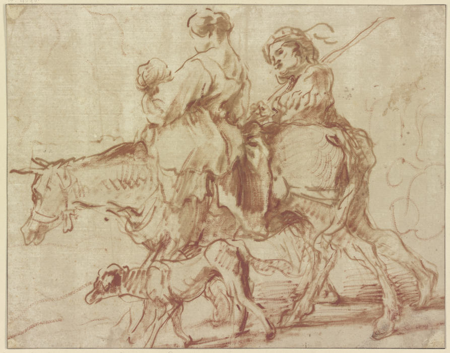 Frau mit Kind auf einem Esel reitend, ein junger Mann zu Fuß nebenher gehend from Giovanni Benedetto Castiglione