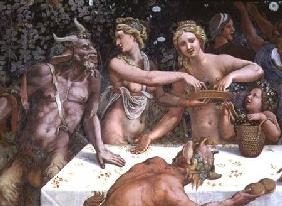 Two Horae scattering flowers, watched by two satyrs, detail of the rustic banquet celebrating the ma