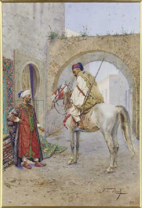 Unterhaltung zwischen einem Teppichverkäufer und einem Reiter. from Giulio Rosati