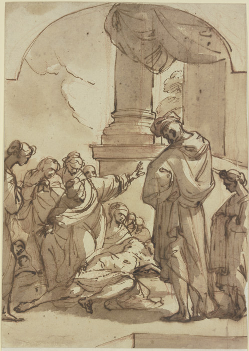 Viele Figuren vor einer Säulenhalle um einen Sterbenden versammelt from Giuseppe Maria Crespi