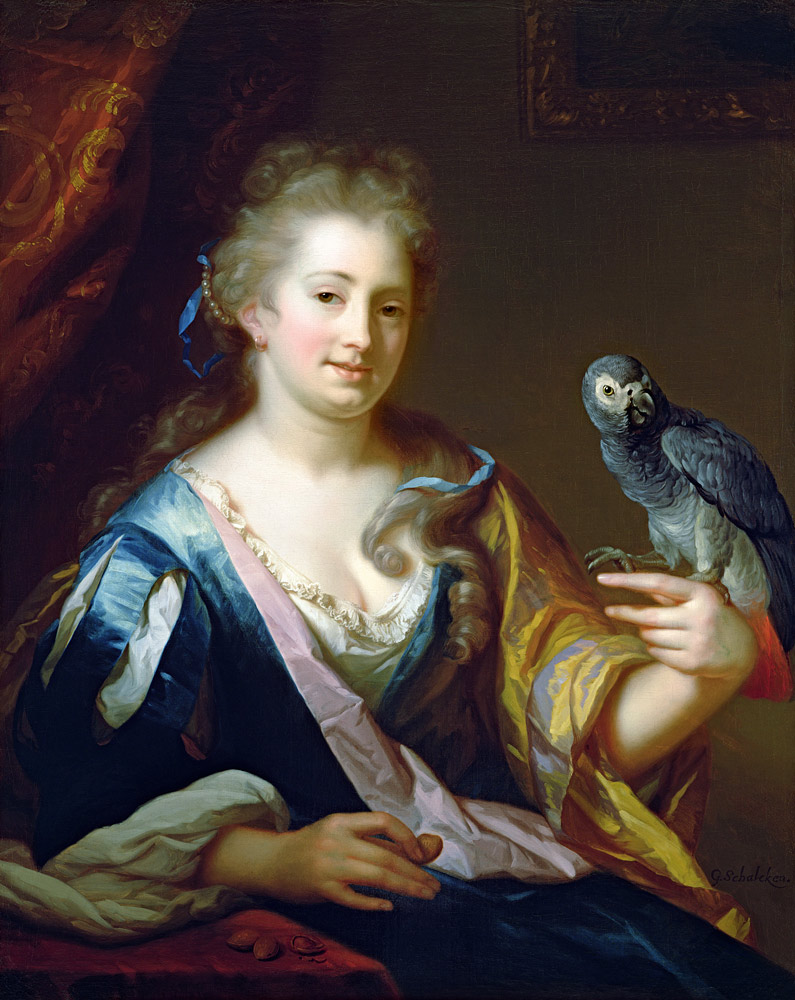 Portrait of a Lady feeding a parrot from Godfried Schalcken