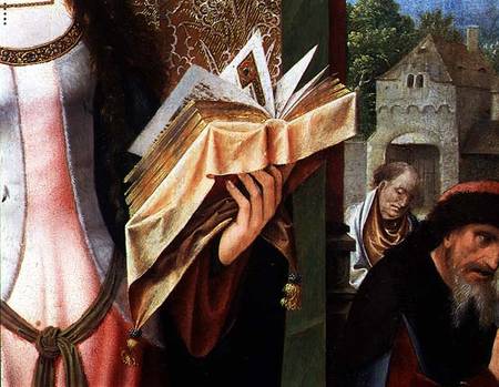 St. Catherine and the Philosophers, detail of the prayer book from Goossen  van der Weyden