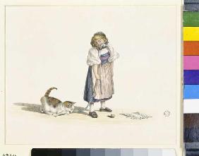 Girl, playing with cat.