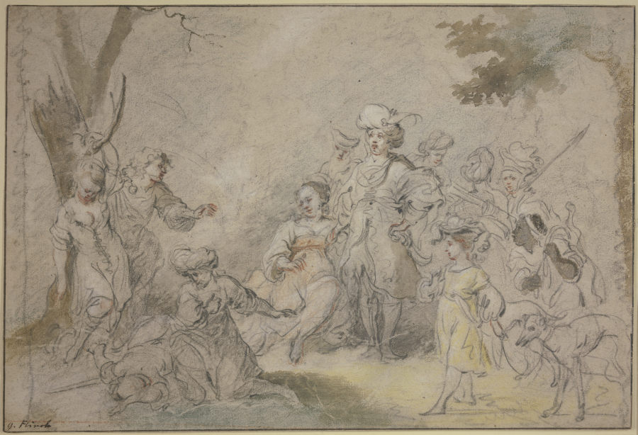 Ein Sultan, umgeben von vielem Gefolge, läßt ein Mädchen bei den Haaren an einen Baum aufhängen from Govaert Flinck