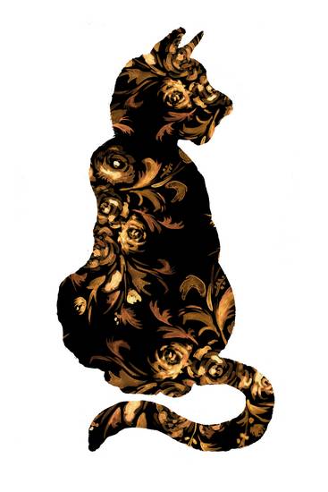 Black and Golden Floral Cat Silhouette