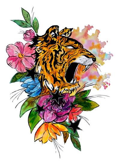 Tiger mit Blumen und Sternen