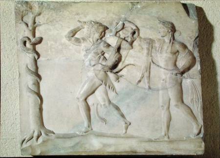 Tablet depicting Hercules carrying off the Delphic Tripod in front of Apollo from Greek