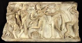 Fragment of a sarcophagus depicting satyrs and a maenad