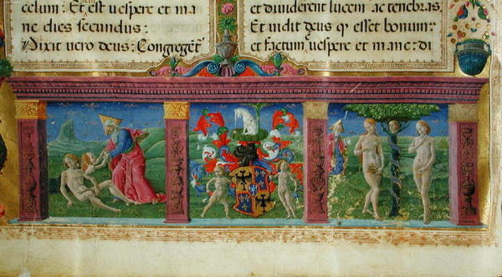 The Creation and Temptation of Adam and Eve with the coat of arms of the House of Este, from the 'Bi from Guglielmo Giraldi