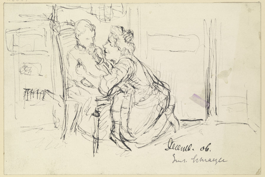 Frau kniet vor einem im Stuhl sitzendem Kind from Gustav Schraegle