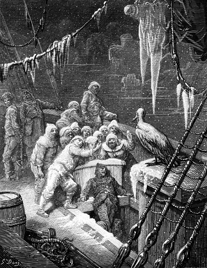 The albatross being fed the sailors on the the ship marooned in the frozen seas of Antartica, scene  from Gustave Doré