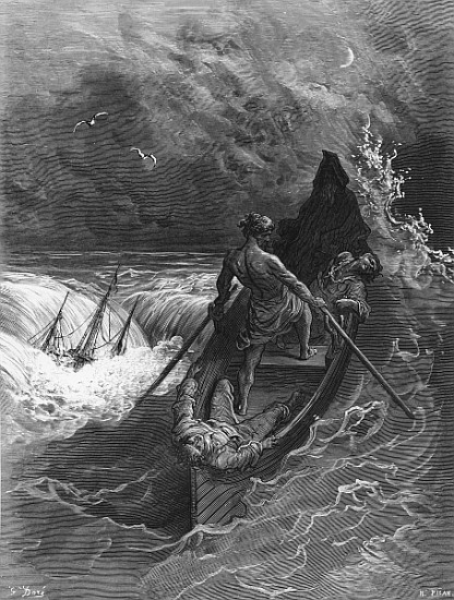 The Pilot faints, scene from ''The Rime of the Ancient Mariner'' S.T. Coleridge,S.T. Coleridge, publ from Gustave Doré
