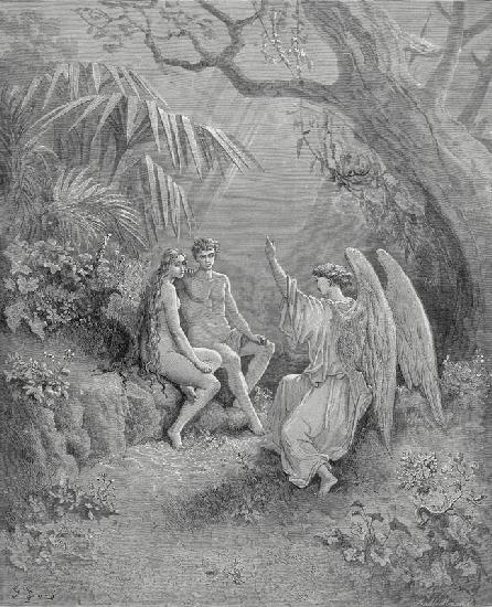 Raphael talks to Adam and Eve. Illustration for John Milton's "Paradise Lost"