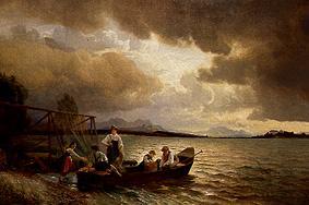 Fisherman in the boat on the Chiemsee shore from Hans Fredrik Gude