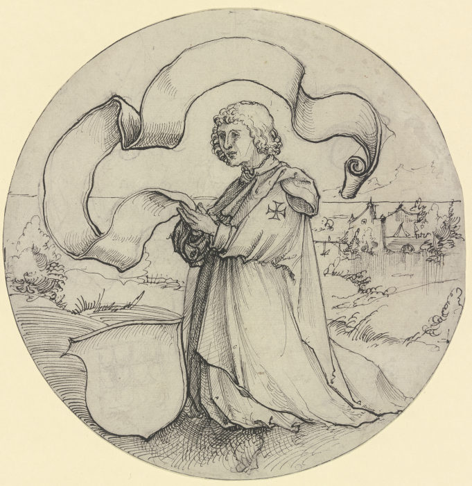 Kniender Johanniter in einer Landschaft mit Spruchband und Wappenschild from Hans Leu d. J.