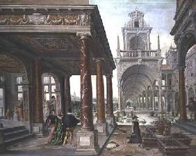 Cappricio of palace architecture with Figures Promenading