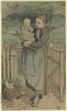 Bauernmädchen mit einem Kind auf dem Arm an einem Holzgitter stehend