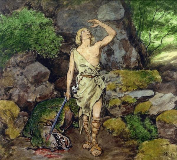 Siegfried having defeated the Dragon from Hans Thoma