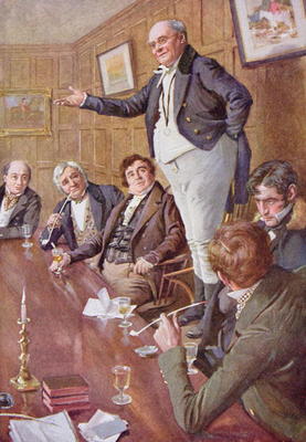 Mr Pickwick Adresses the Club, illustration for 'Character Sketches from Dickens' compiled by B.W. M from Harold Copping