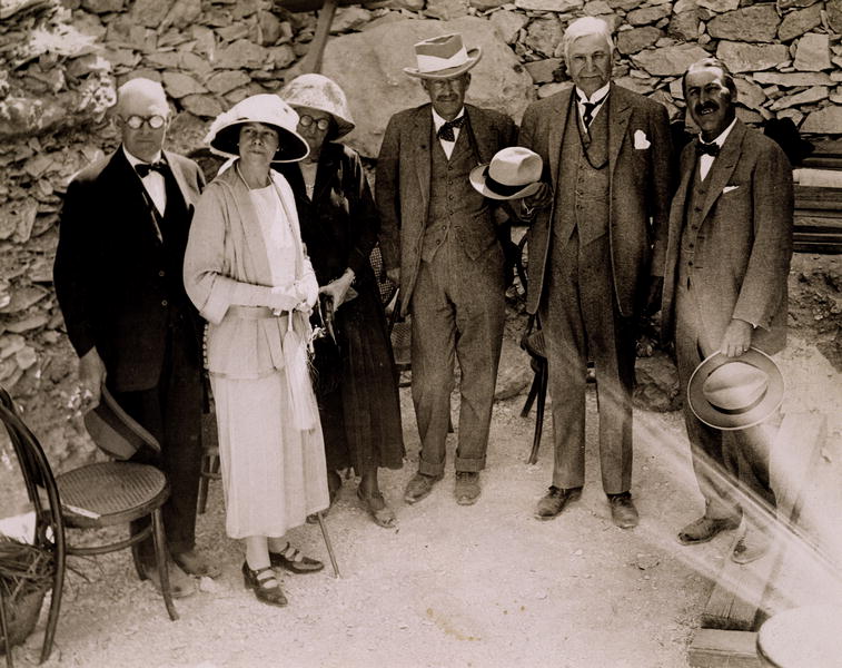 Howard Carter (1873-1939) and a group of Europeans standing beside the excavations of the Tomb of Tu from Harry Burton