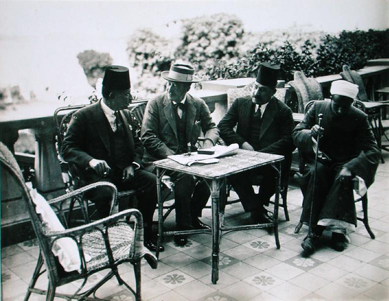 L to R: H.E. Abd El Aziz Yehieh Bey, Governor of Kena, Lord Carnarvon (1866-1923) Mohamed Fahmy Bey, from Harry Burton