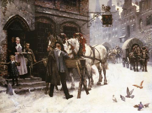 Pferdefüttern in front of an inn in winter from Harry Jochmus