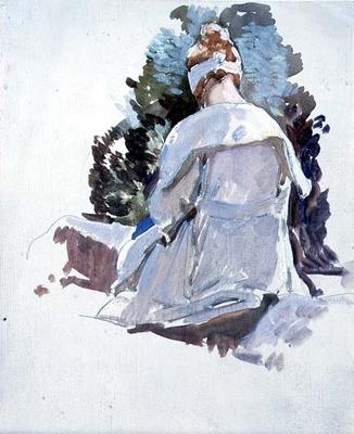 Woman in a white dress sitting upon rocks (oil on paper) from Harry Watson