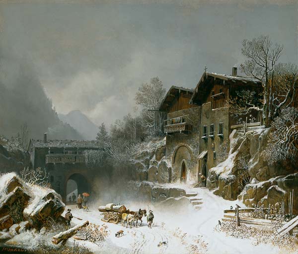 The houses of rat mountain in winter from Heinrich Bürkel