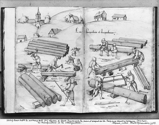 Silver mine of La Croix-aux-Mines, Lorraine, fol.2v and fol.3r, carpenters and carpentry, c.1530 from Heinrich Gross or Groff