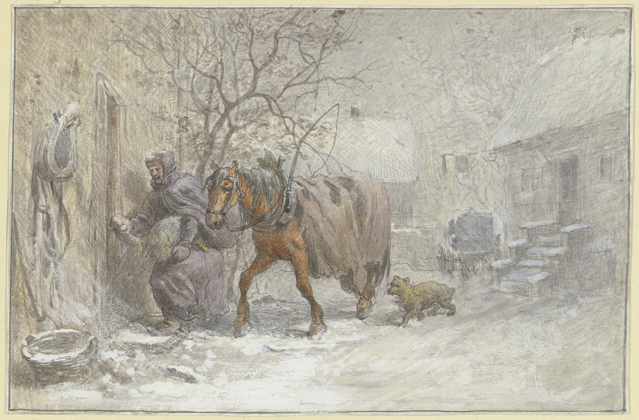 Gutshof im Winter, ein Pferd wird vom Kutscher in den Stall geführt from Heinrich Winter