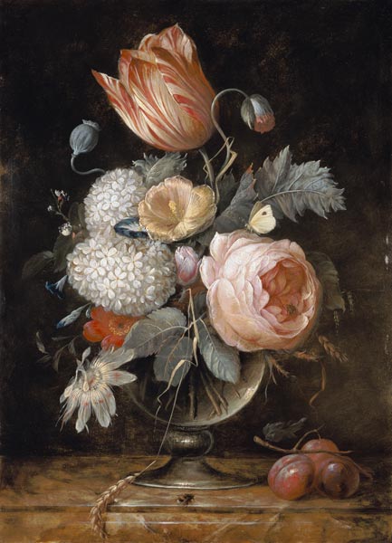 Blumenstrauss into glass vase with insects and plums from Hendrik de Fromantiou
