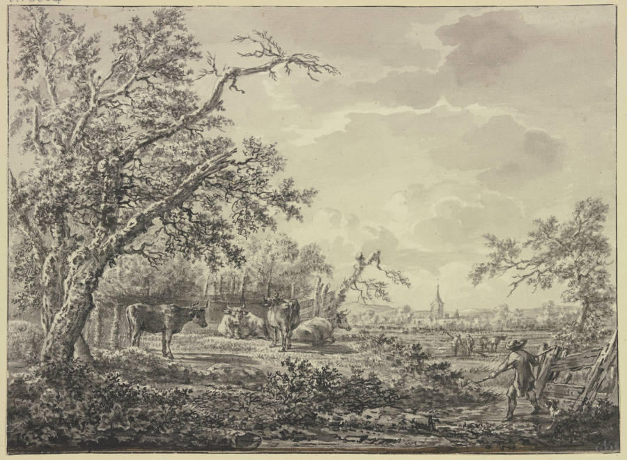 Am Waldesrand bei einem Zaun Vieh und ein Hirte from Hendrik Schepper