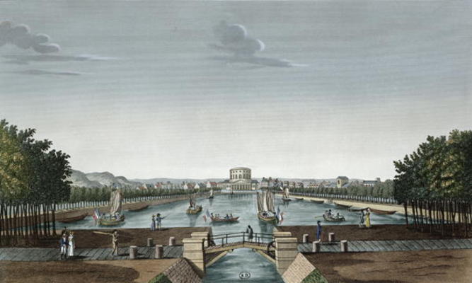 Vief of the Bassin du Canal de l'Ourq a la Villette, c.1815-20 (colour engraving) from Henri Courvoisier-Voisin