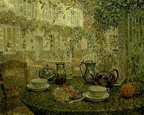 Coffee set on a stone table. from Henri Le Sidaner
