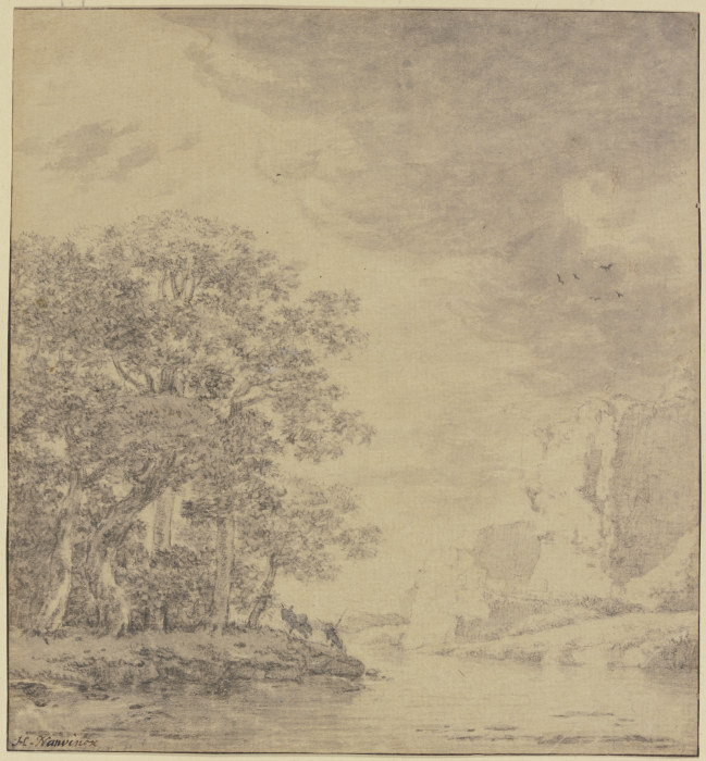 Baumpartie am Wasser, rechts eine Felsböschung from Herman Naiwinx