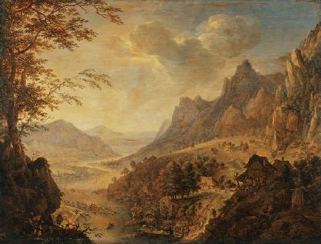 Mountainous Landscape with a River, in the Foreground a Village with Several Boats Moored at the Ban
