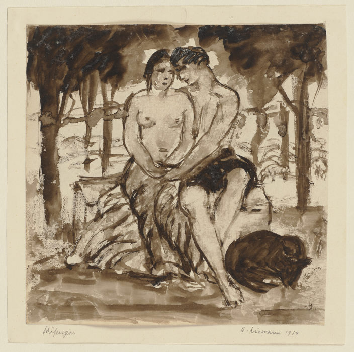 Schäferszene: Paar mit nacktem Oberkörper unter Bäumen sitzend, neben ihnen ein Hund from Hermann Lismann