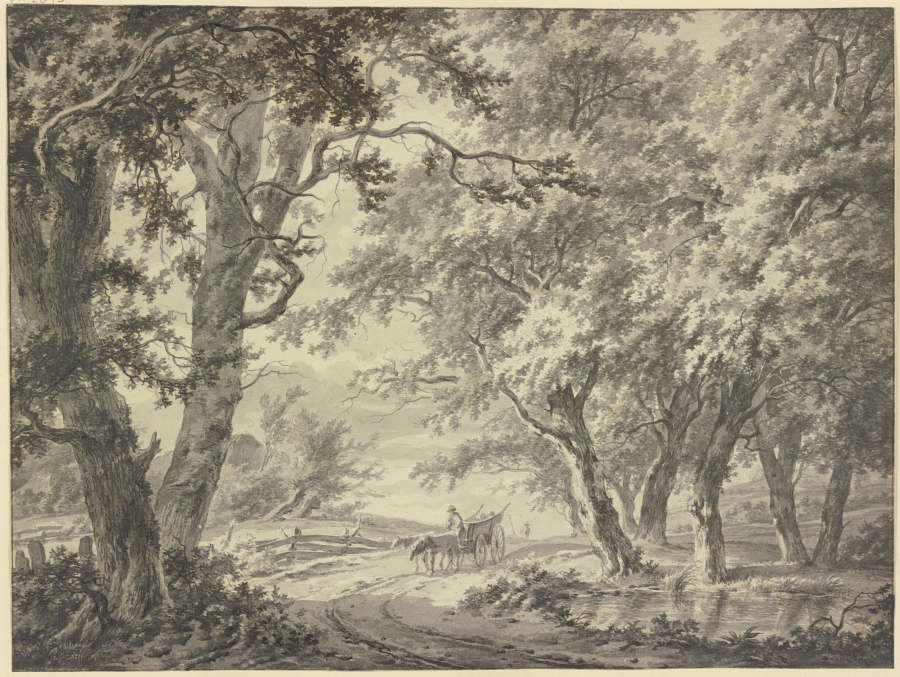 Weg in den Wald, am Weg ein Gatterzaun und ein Bauernwagen mit zwei Pferden from Hermanus van Brussel
