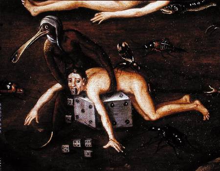 The Inferno, detail of a man elevated by a creature with a bird's beak onto a dice from Herri met de Bles