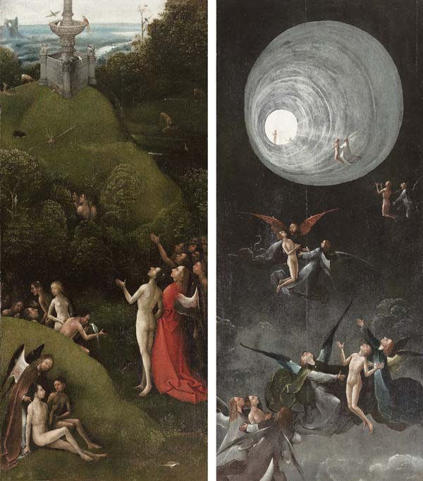 "The Earthly Paradise", detail of visions from beyond, two (of four) panels from Hieronymus Bosch