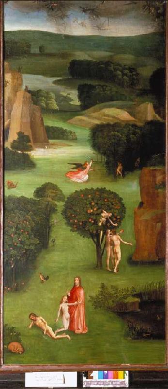 The Last Judgement triptych detail Li. Wing: Creation of Eva, Fall of Man, expulsion from Hieronymus Bosch