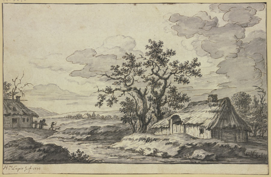 Landschaft mit Bach und zwei Hütten im Vordergrund from Hieronymus Lapis