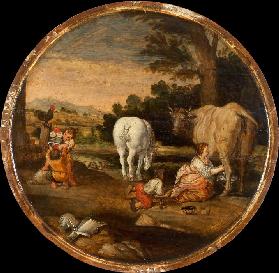 Country Scene with Milkmaid and Children Playing with Armour: March and April